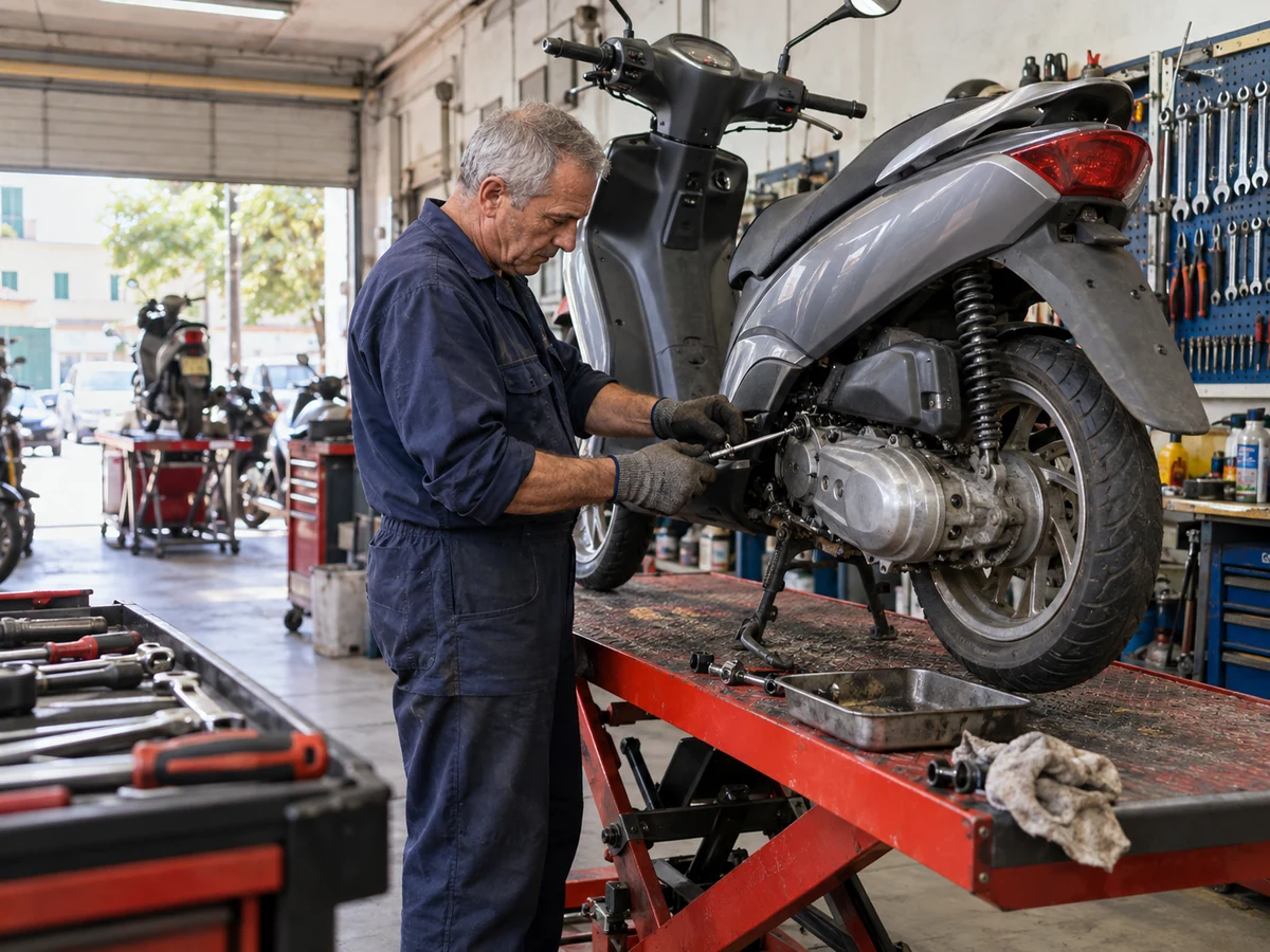 Meccanico al lavoro su uno scooter grigio sul ponte dell’officina