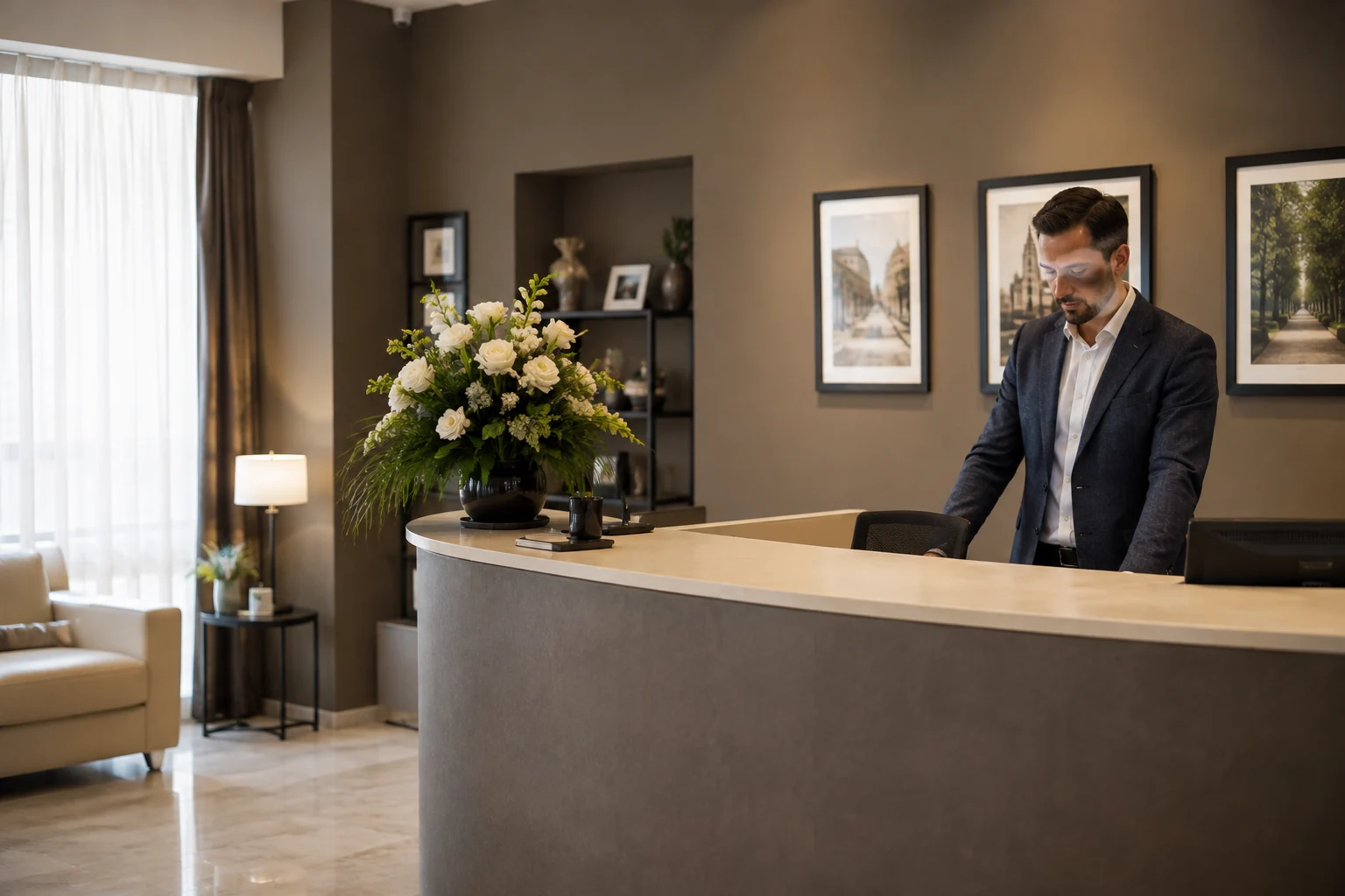 Un addetto alla reception di un’agenzia di onoranze funebri, con una composizione floreale nell’ambiente di accoglienza.