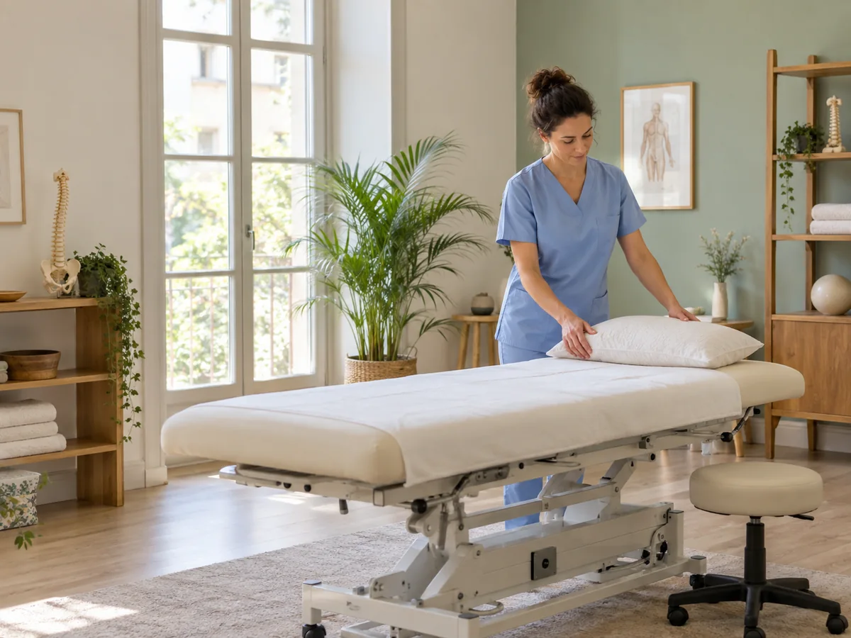 Osteopata che prepara un lettino in uno studio luminoso prima di un appuntamento.