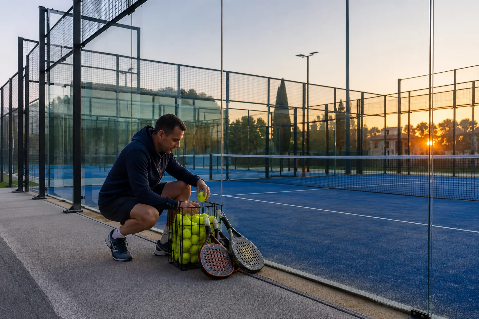 Un addetto prepara un cesto di palline e le racchette accanto a un campo da padel al tramonto.