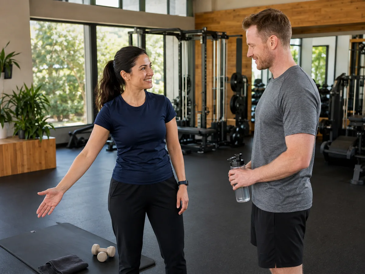 Una personal trainer accoglie un cliente nell’area allenamento della palestra.