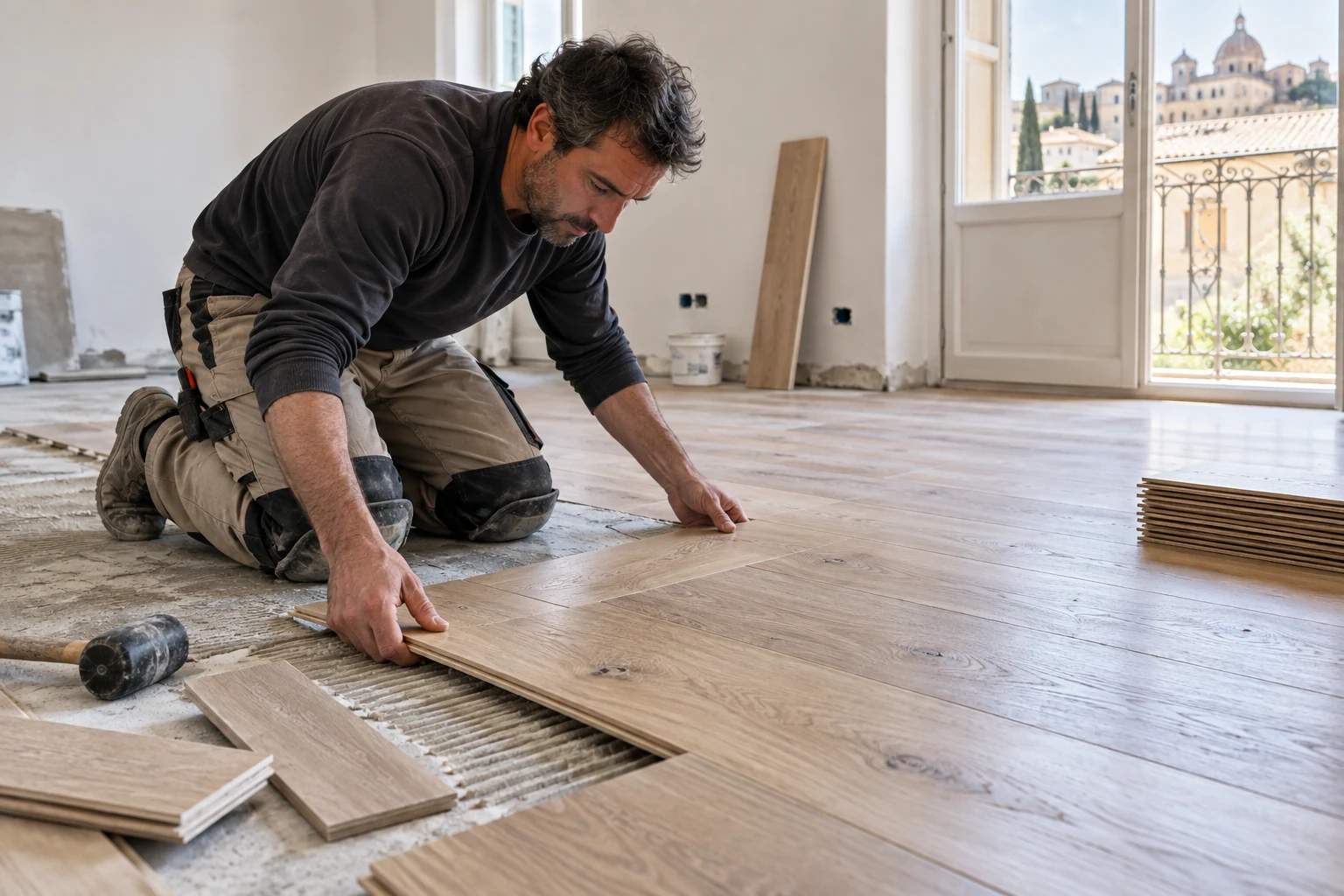 Artigiano che posa listoni di parquet in una stanza luminosa con campioni e attrezzi accanto