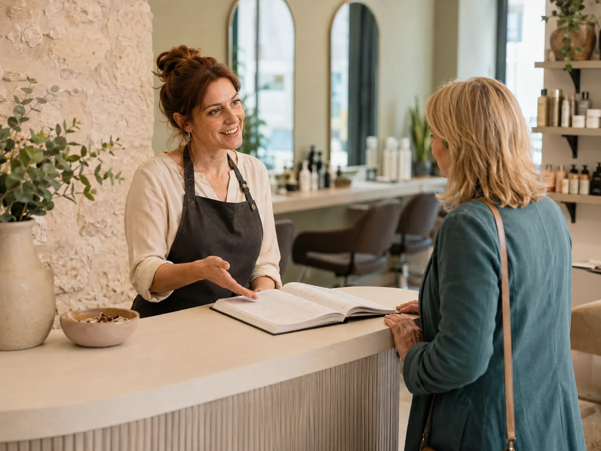 Titolare di un salone mostra l’agenda degli appuntamenti a una cliente alla reception.