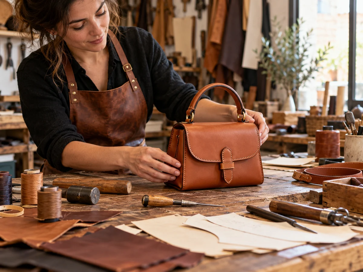 Artigiana al banco di una pelletteria con una borsa in pelle e campioni di materiali