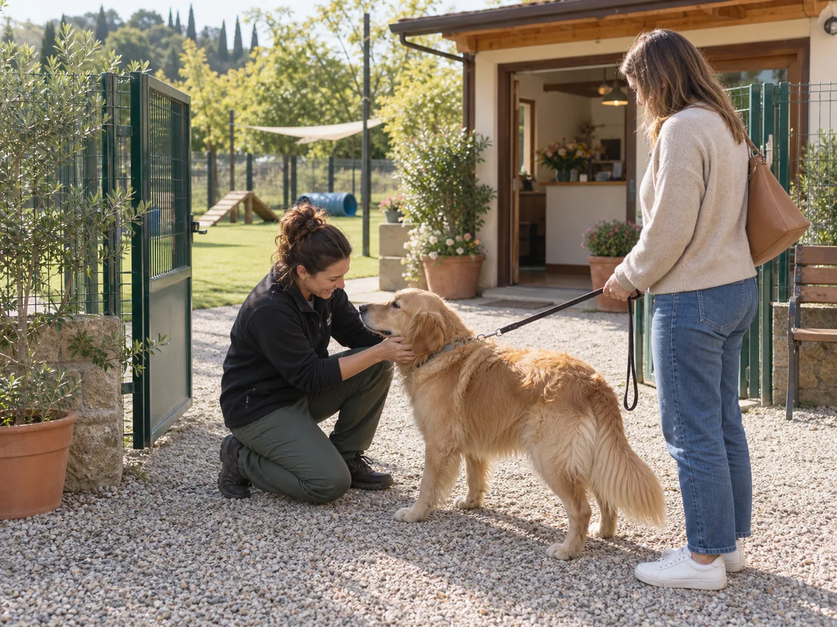 Un’operatrice accoglie un cane al guinzaglio e il suo proprietario all’ingresso di una pensione con giardino.