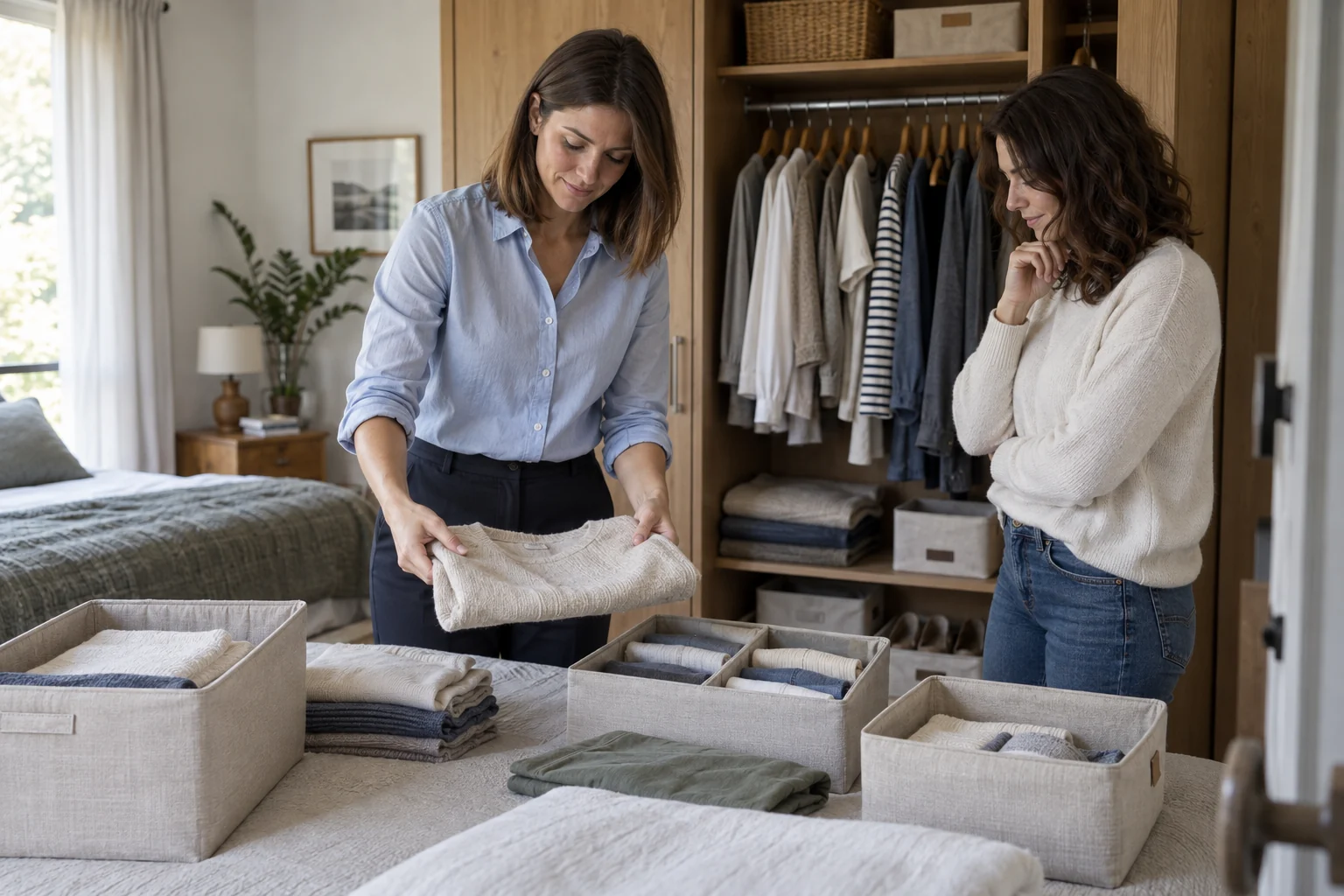 Personal organizer e cliente che organizzano contenitori e vestiti in un armadio domestico