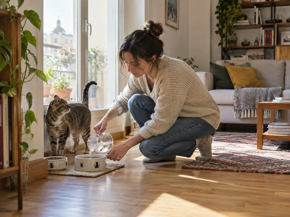 Cat sitter che prepara una ciotola in un appartamento luminoso, con un gatto vicino alla finestra