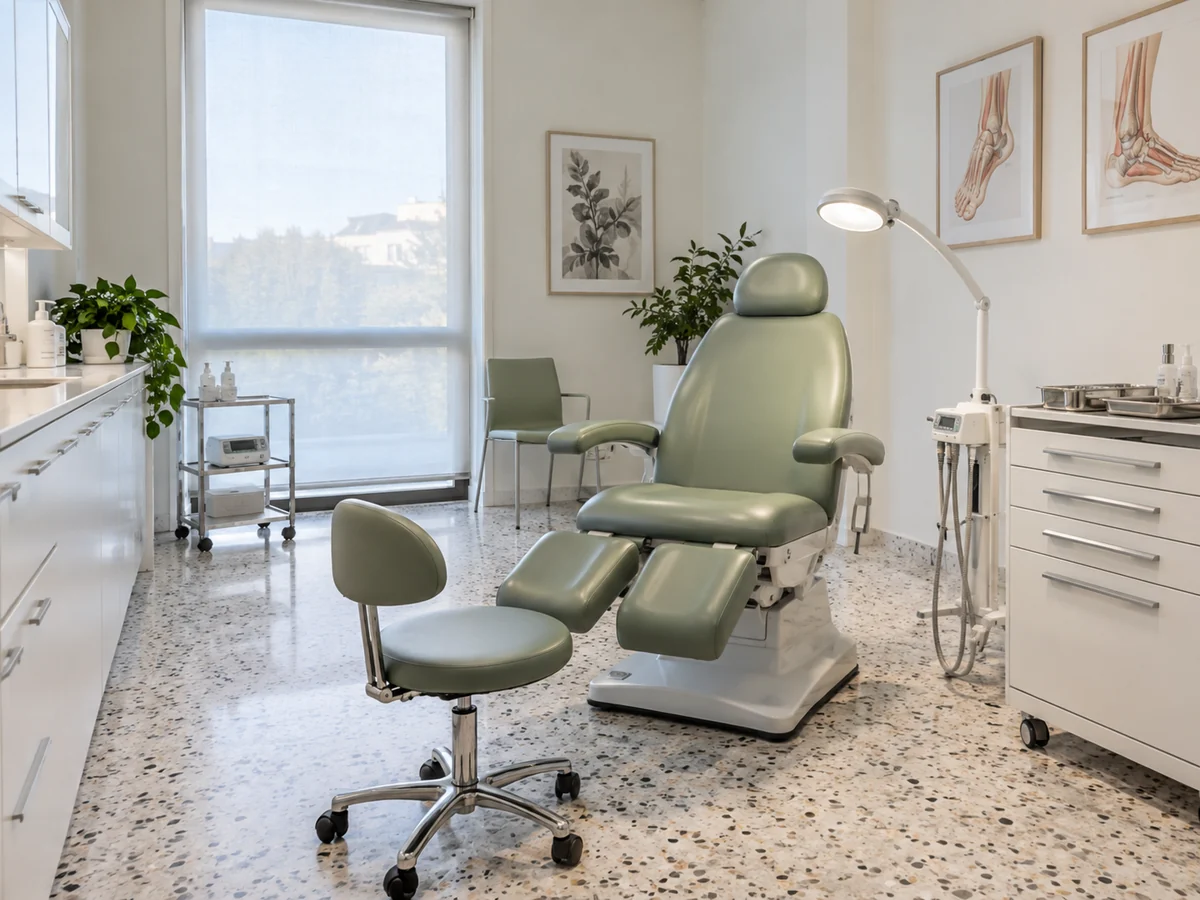 Studio podologico luminoso con poltrona professionale e strumenti ordinati, senza pazienti.