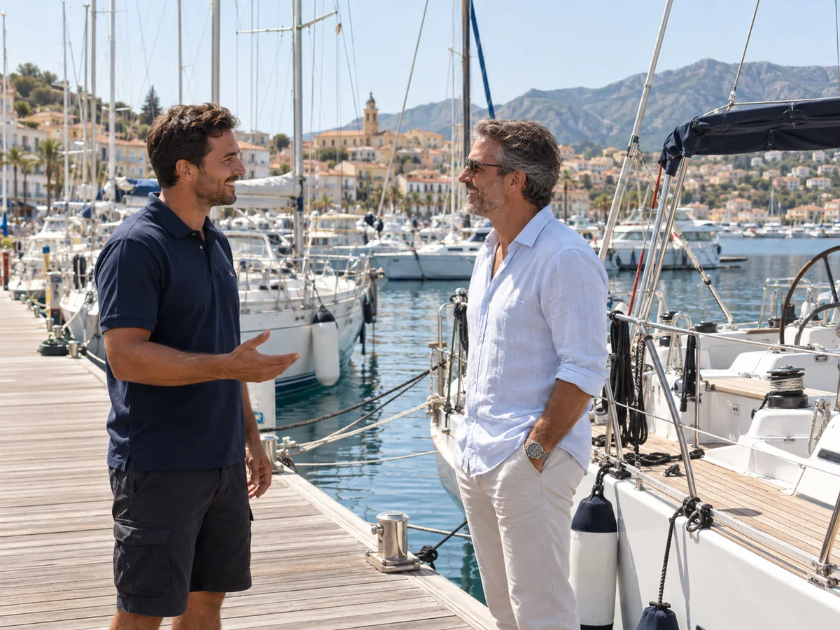 Addetto di un marina accoglie un diportista sul pontile tra le barche ormeggiate