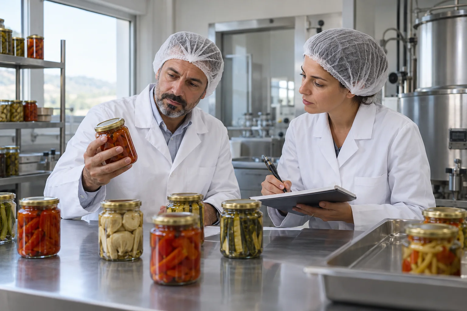 Due responsabili con camici e cuffie valutano barattoli campione senza marchi in un laboratorio di produzione alimentare.