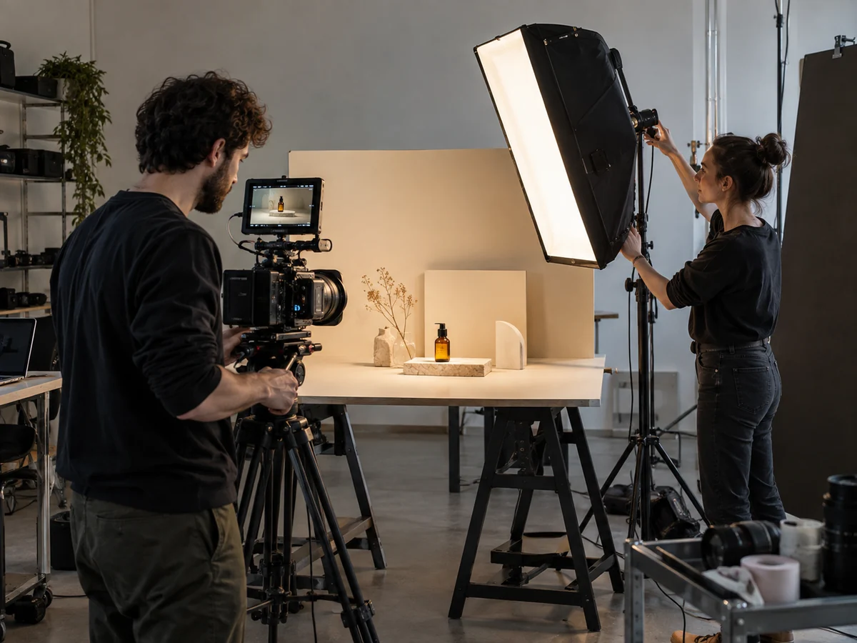 Troupe che prepara una ripresa di prodotto in studio con videocamera, luci e un piccolo set.