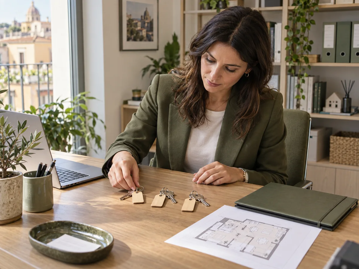 Property manager organizza chiavi e documenti degli appartamenti nel proprio ufficio.