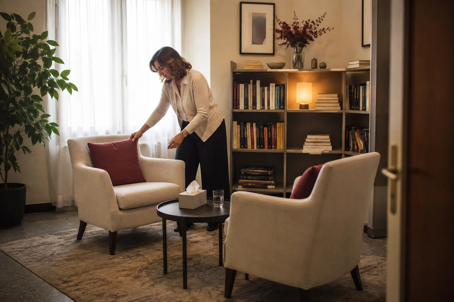 Una professionista prepara una poltrona in uno studio di psicologia con due sedute e luce naturale.