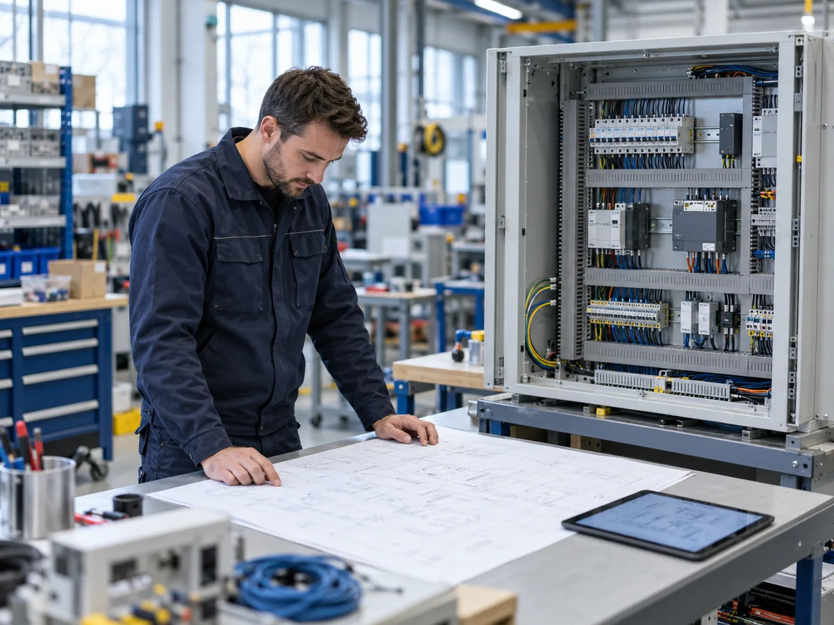 Un tecnico consulta un disegno davanti a un quadro elettrico aperto in un laboratorio industriale ordinato