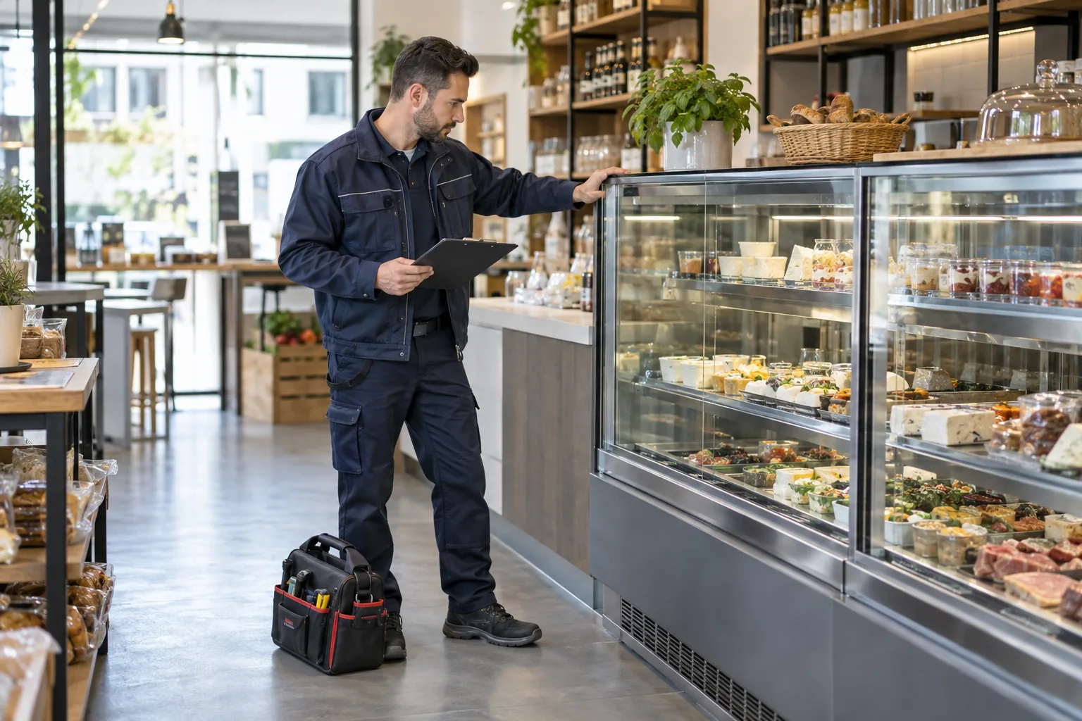 Tecnico che controlla un banco frigorifero professionale in un locale commerciale
