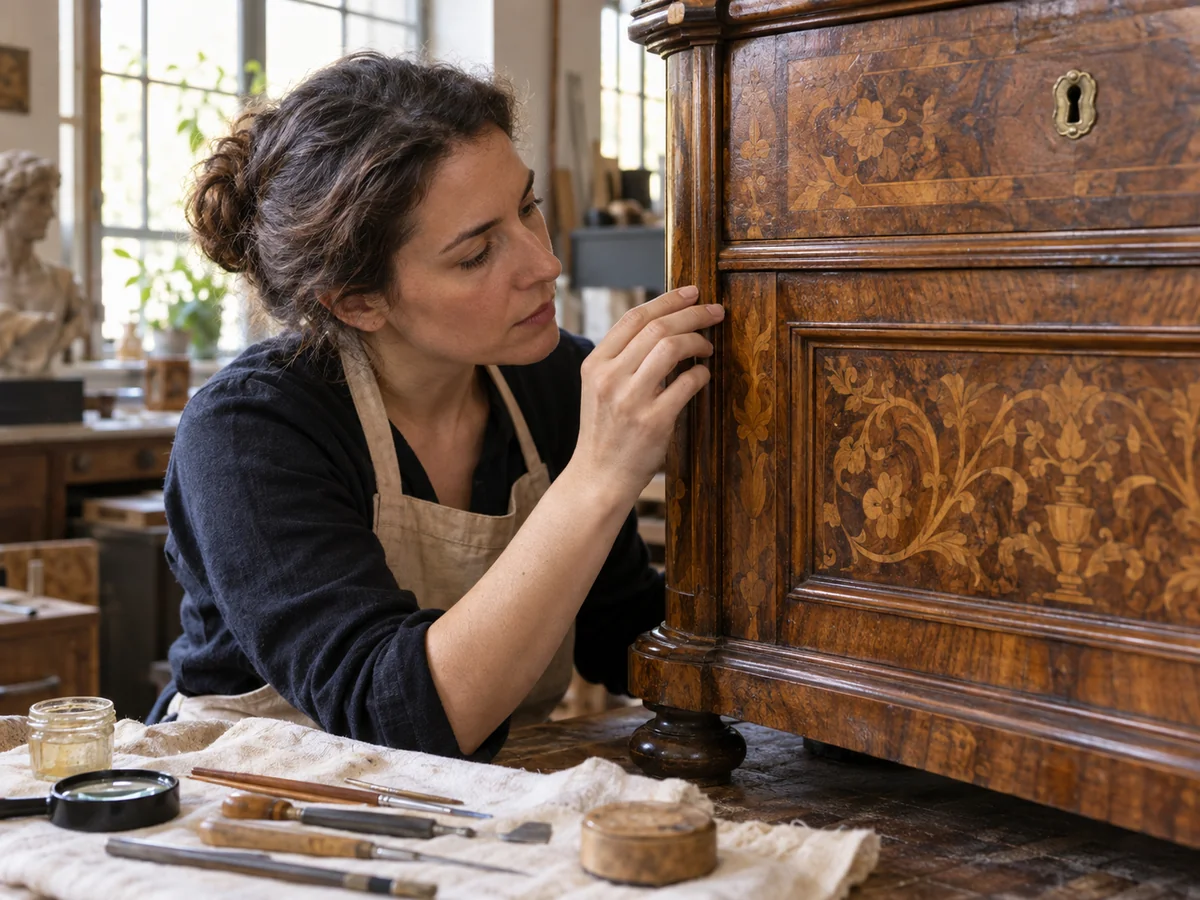 Una restauratrice osserva e lavora su un dettaglio intarsiato di un mobile antico nel laboratorio.