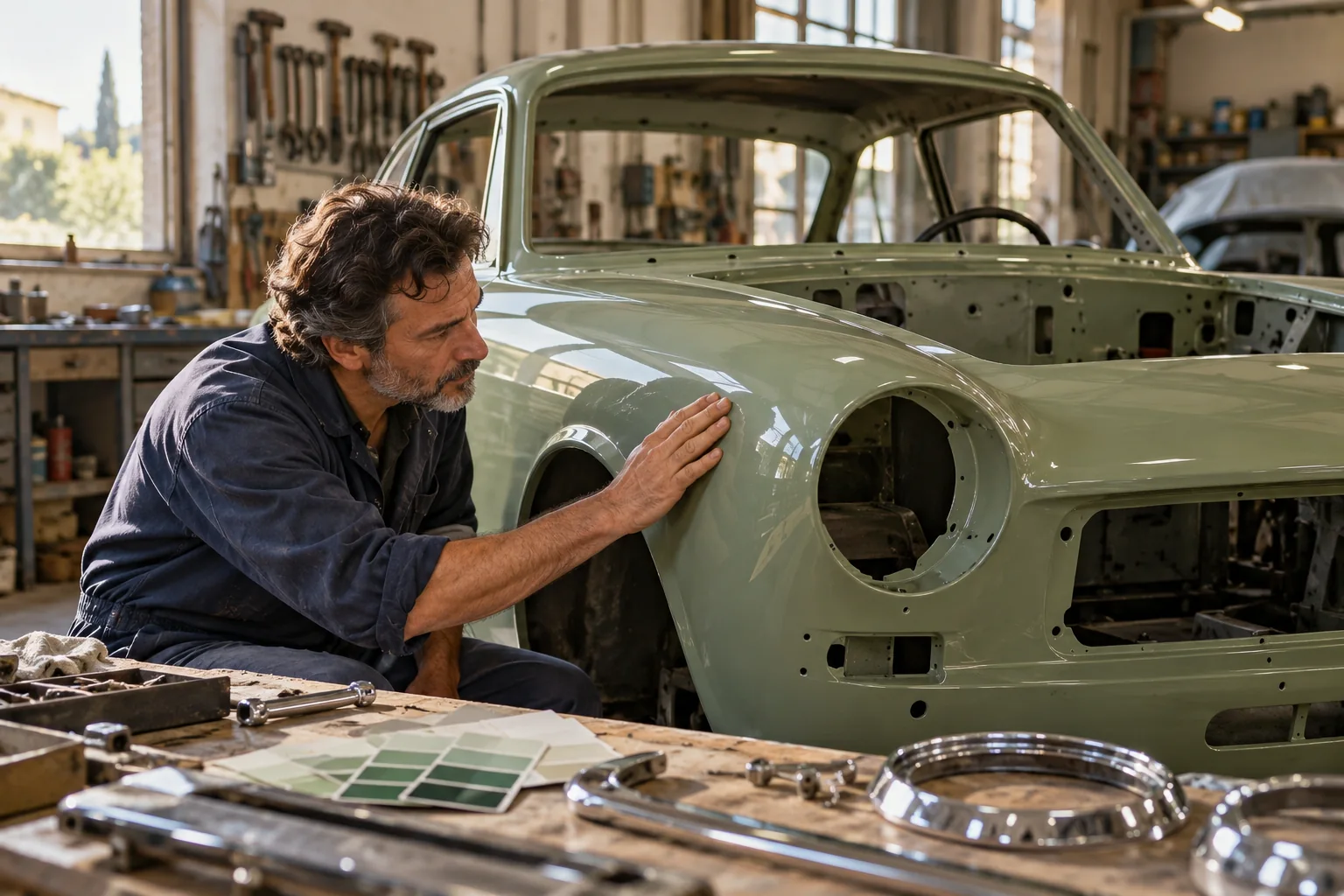 Artigiano esamina la carrozzeria di una coupé classica verde salvia in un laboratorio di restauro.
