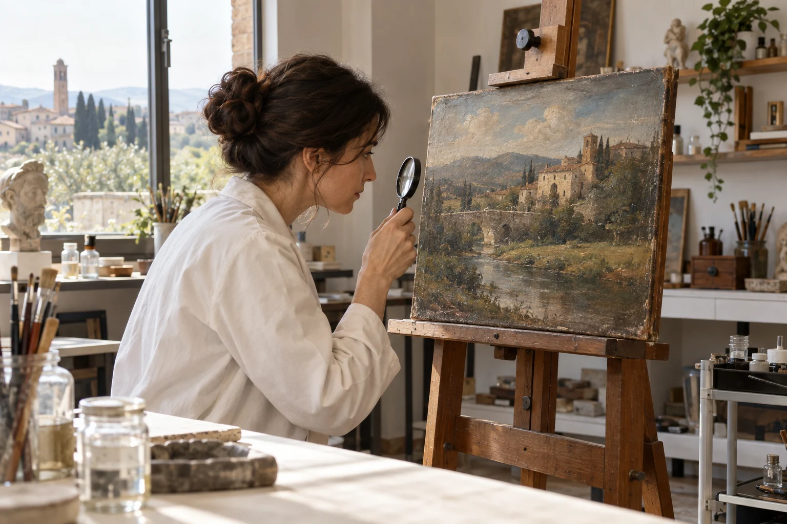 Restauratrice che esamina con una lente un dipinto su cavalletto nel laboratorio