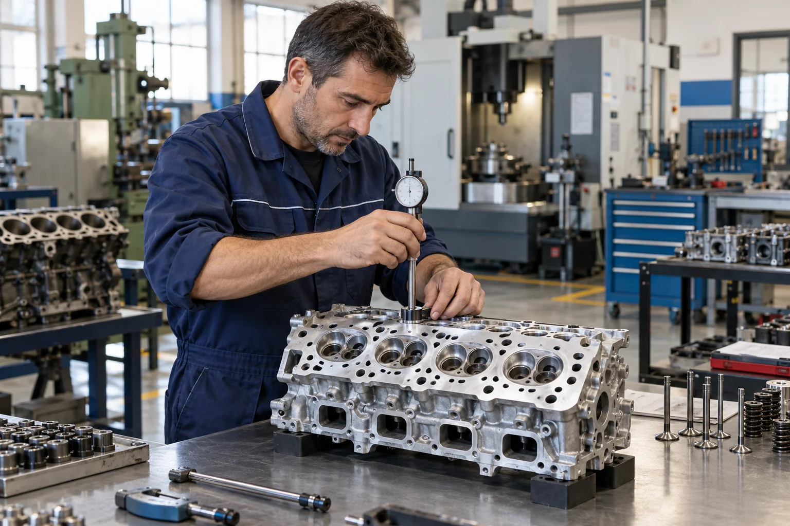 Un tecnico misura una testata motore su un banco pulito nel laboratorio di rettifica.