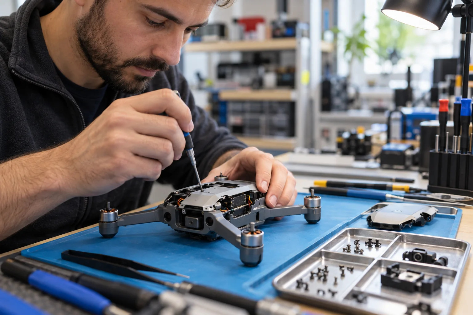 Un tecnico ispeziona un drone senza eliche su un tappetino da lavoro, accanto a utensili e componenti ordinati.