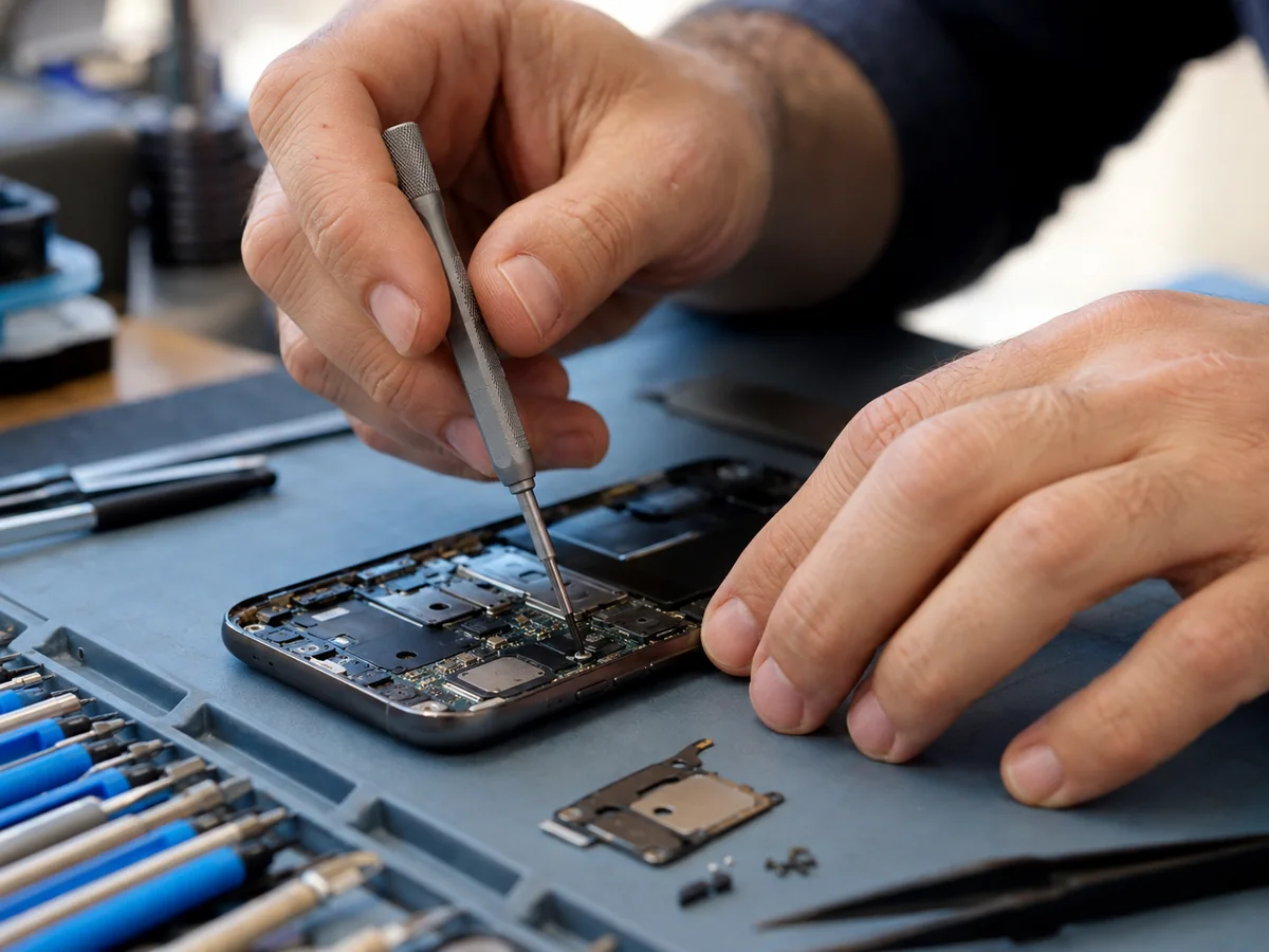 Tecnico al banco di un laboratorio durante l'esame di uno smartphone aperto, con strumenti di precisione.