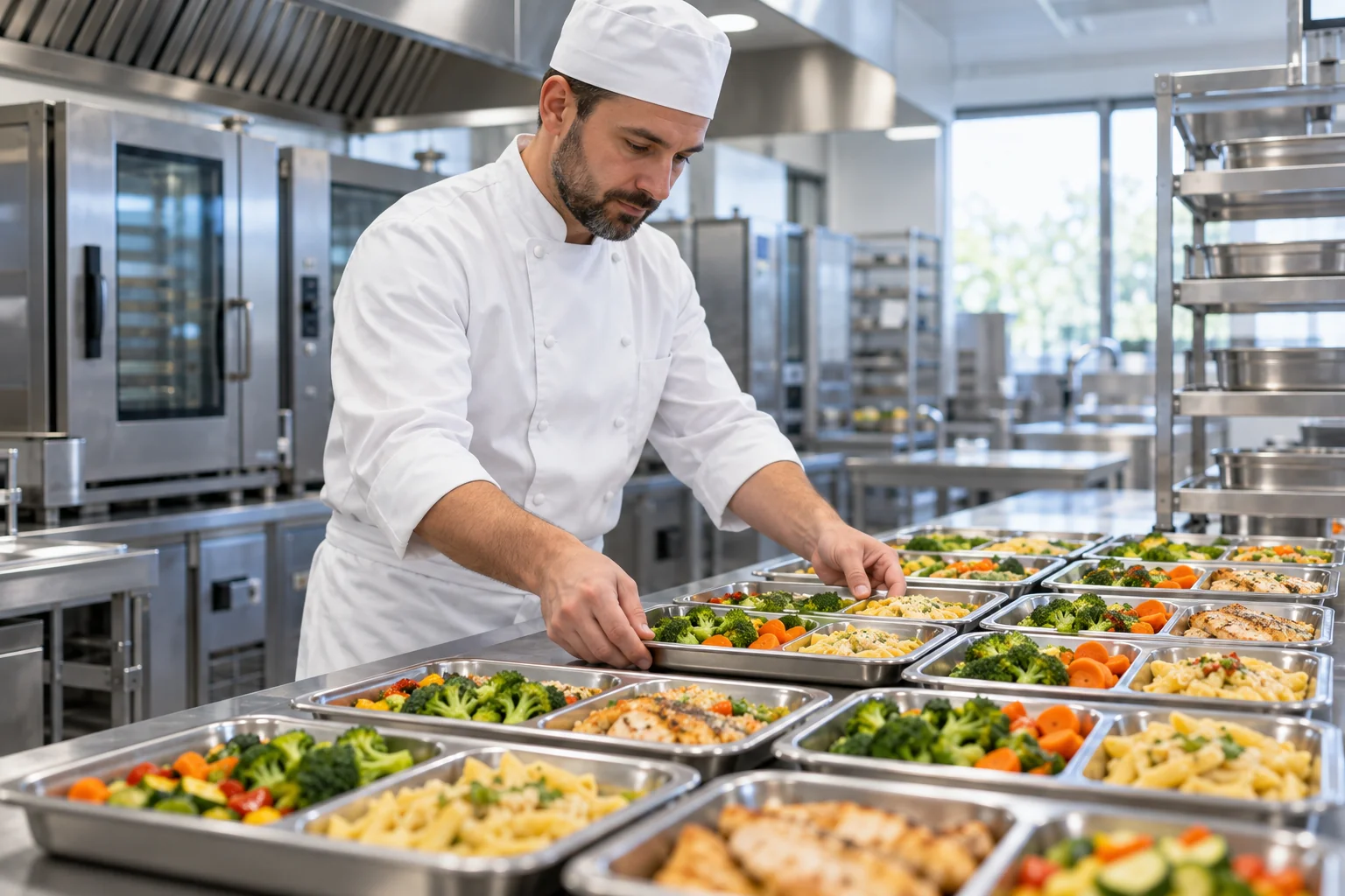 Cuoco prepara vaschette di pasti in una cucina professionale per la ristorazione collettiva