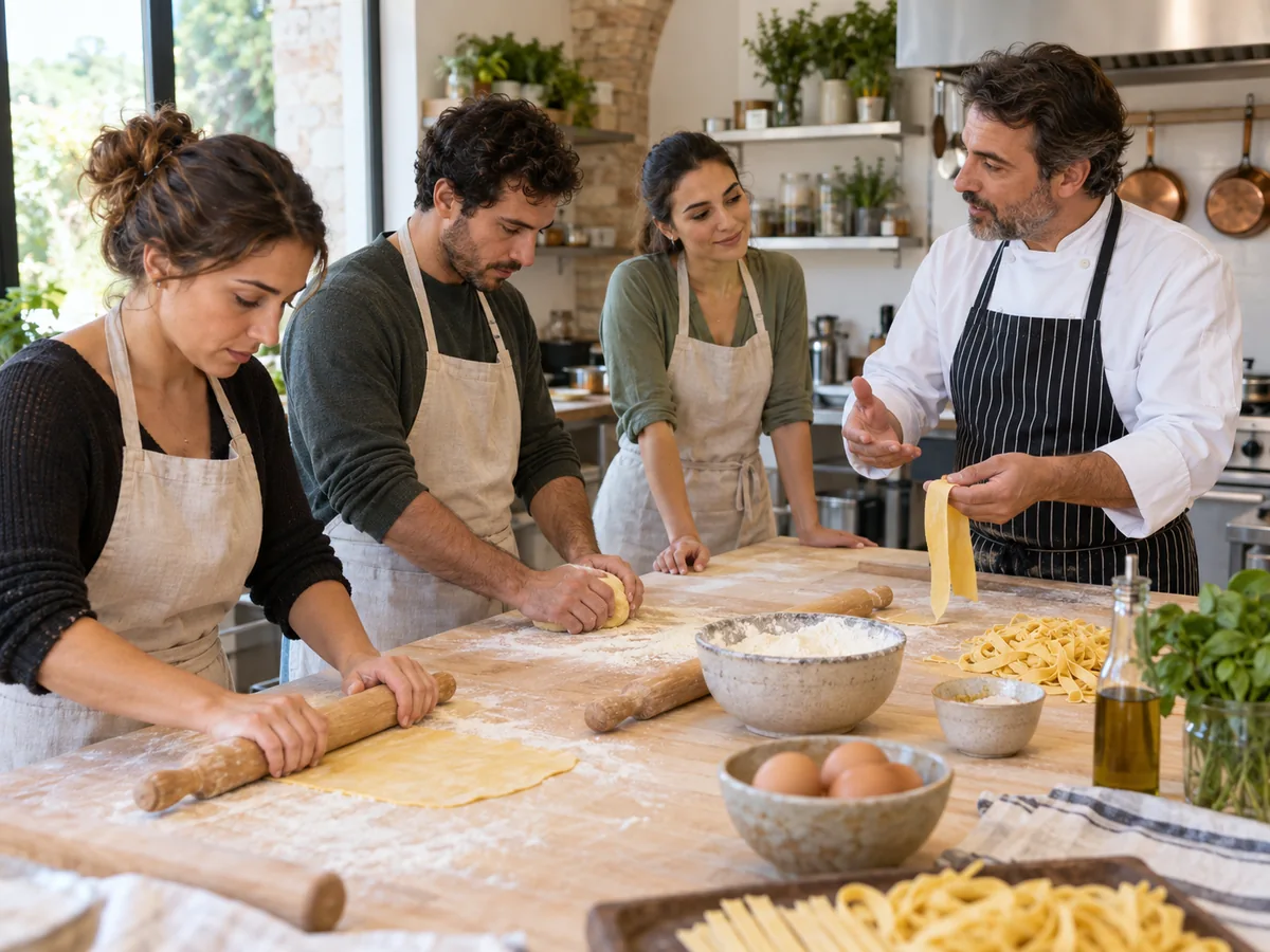 Piccolo gruppo di adulti prepara pasta fresca con uno chef nelle postazioni di una cucina didattica.