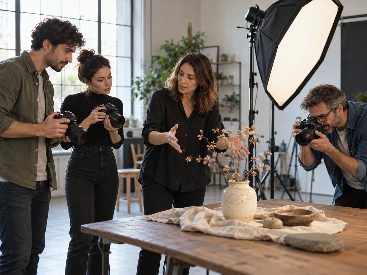 Un piccolo gruppo di adulti fotografa una natura morta durante una lezione pratica in studio.