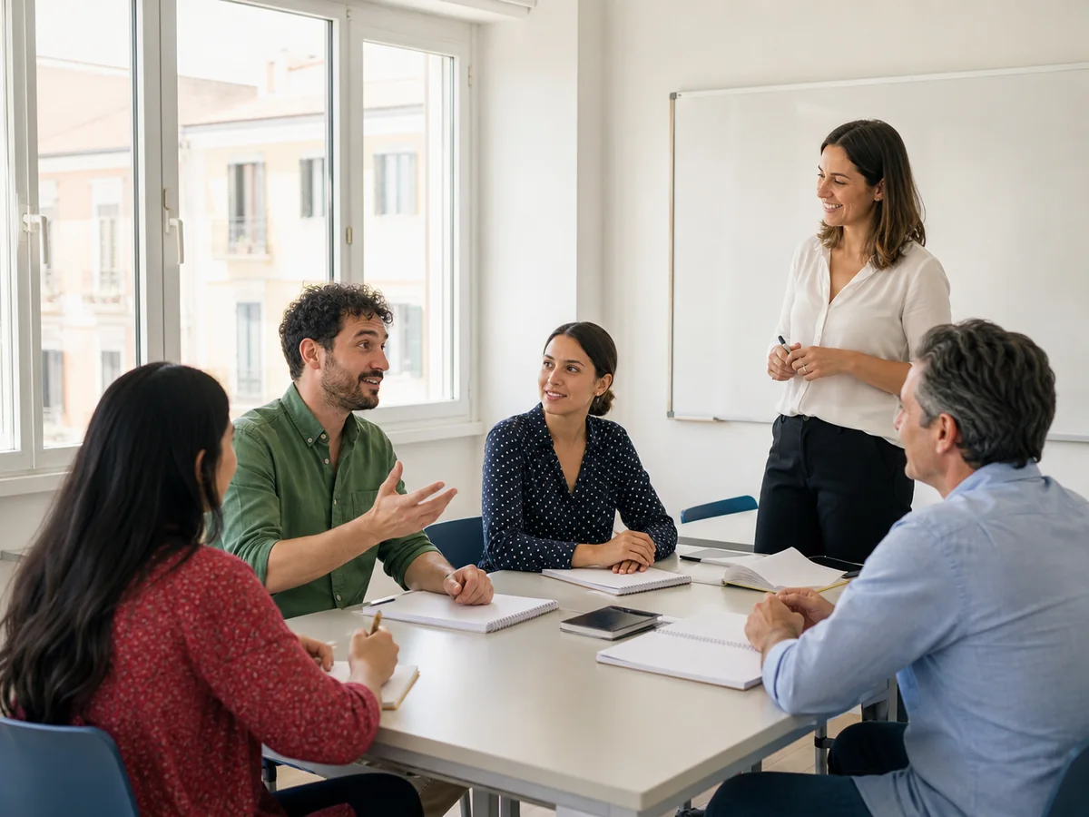 Piccolo gruppo di adulti che partecipa a un'esercitazione di conversazione con un'insegnante in aula.