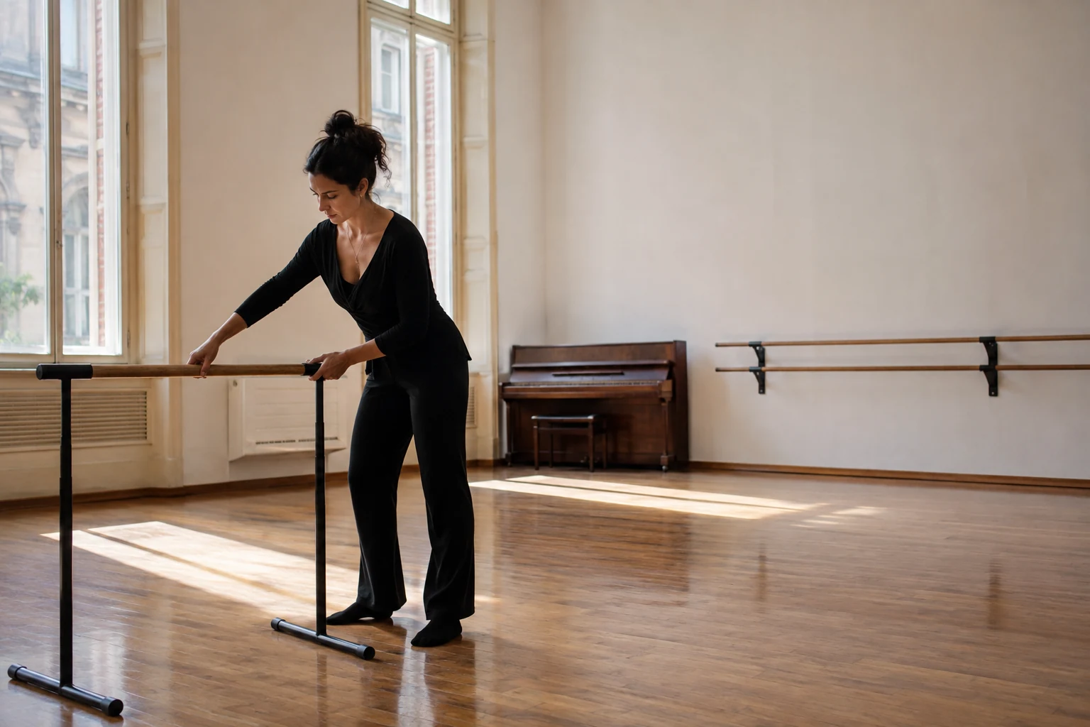Un’insegnante prepara una sala di danza luminosa prima della lezione.