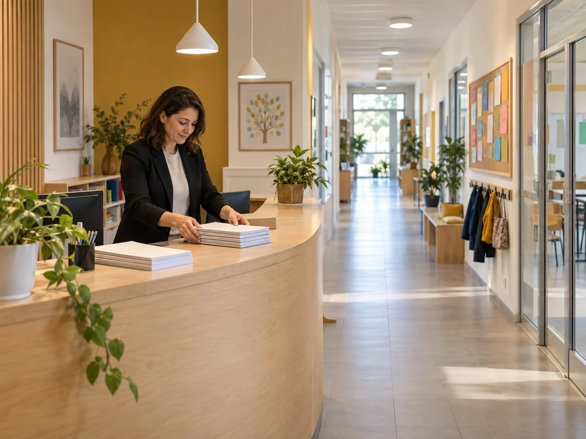 Reception scolastica con materiale per l’orientamento e corridoio luminoso sullo sfondo, senza studenti.