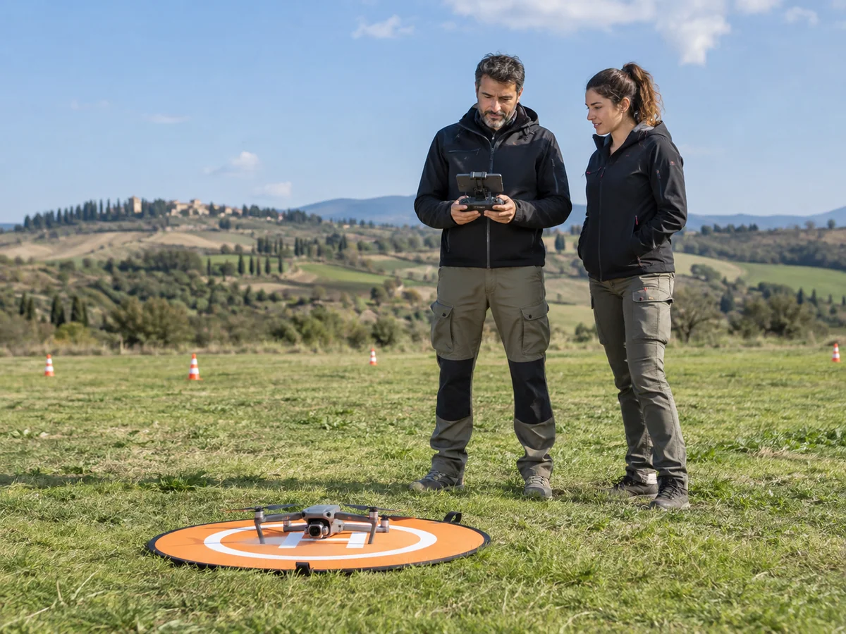 Istruttore e allieva controllano il radiocomando in un campo di addestramento, con un drone sul tappetino di atterraggio.