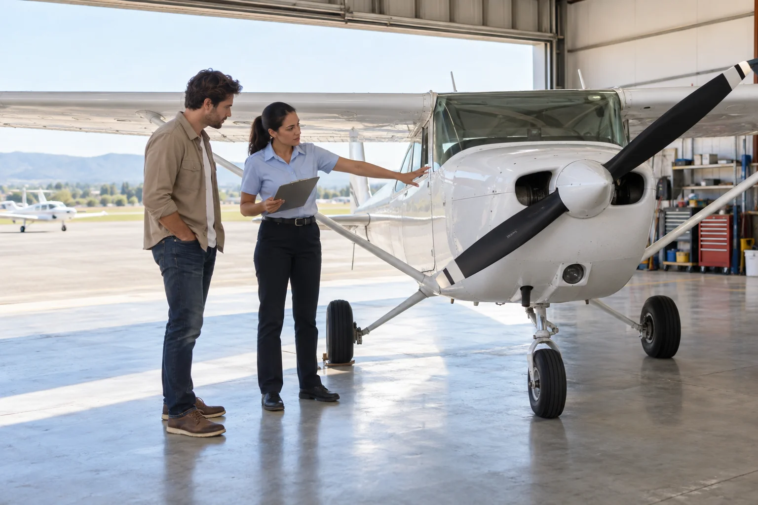 Un’istruttrice presenta un piccolo aereo da addestramento a un futuro allievo in un hangar luminoso