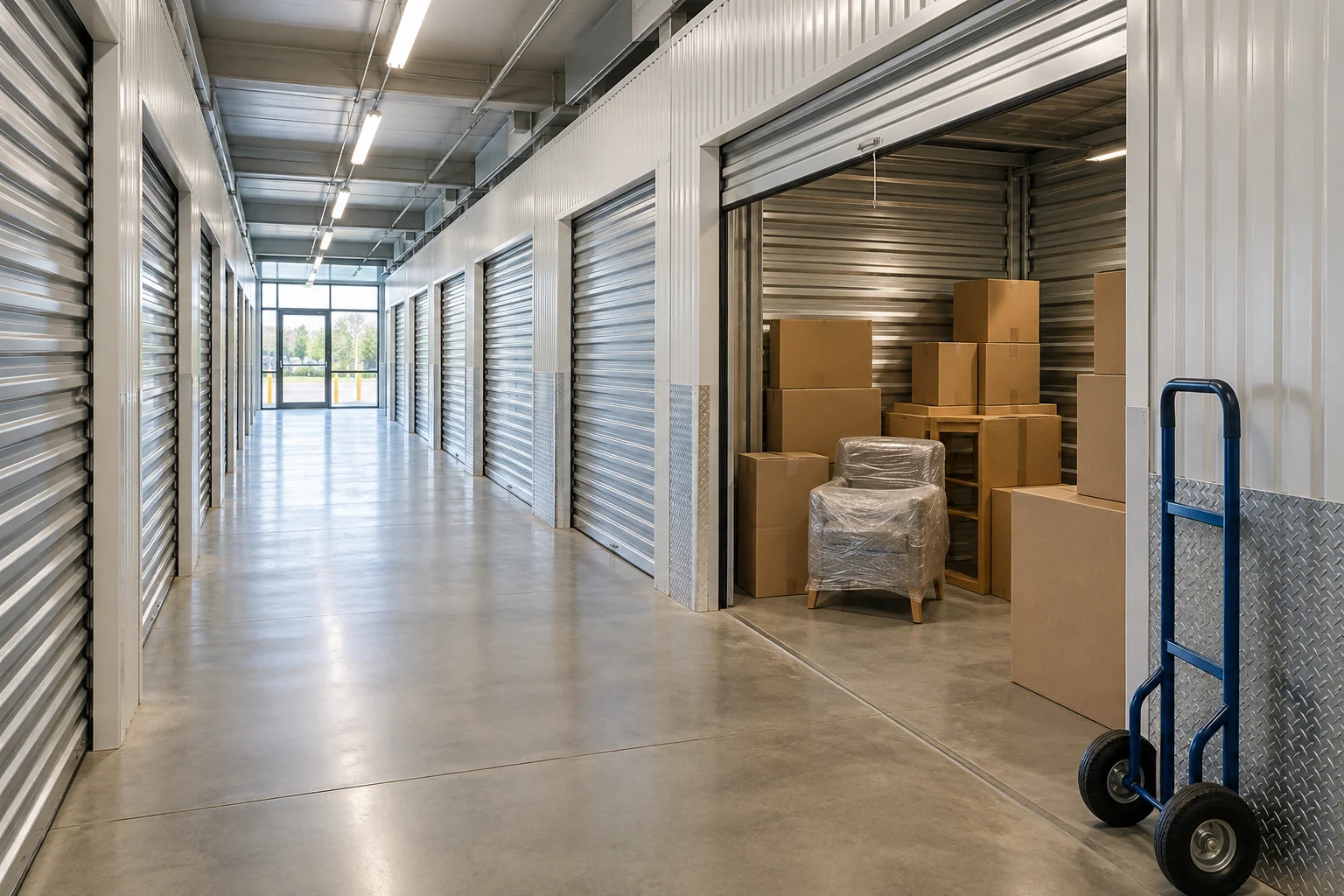 Un corridoio di self storage con un box aperto, scatole ordinate all’interno e un carrello per il trasporto.