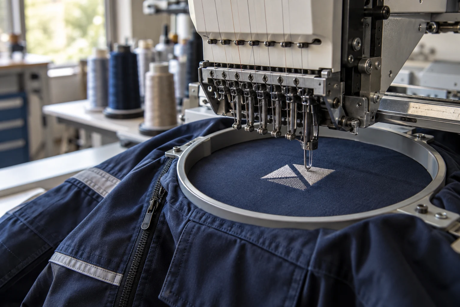Macchina da ricamo industriale al lavoro su una giacca professionale con rocchetti di filo sullo sfondo