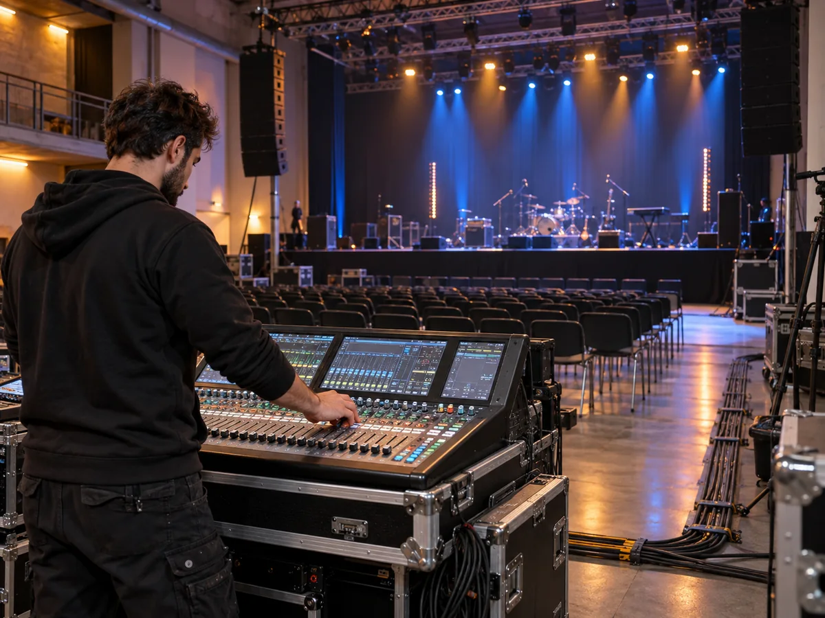 Fonico alla consolle controlla l'allestimento audio e luci di un palco prima dell'evento