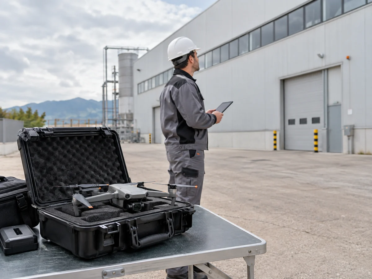 Drone professionale spento su un tavolo e tecnico con tablet davanti a un edificio industriale