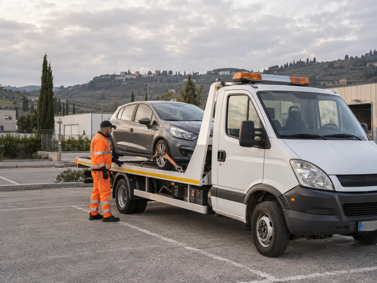 Operatore in abbigliamento ad alta visibilità accanto a un carroattrezzi con un’auto sul pianale.
