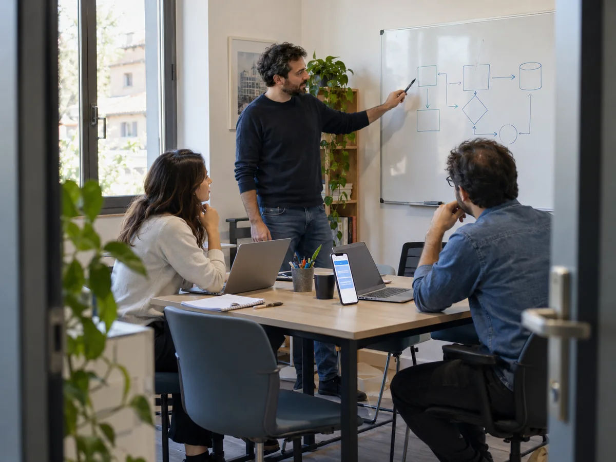 Tre professionisti di una software house discutono un diagramma alla lavagna, con computer portatili e uno smartphone sul tavolo