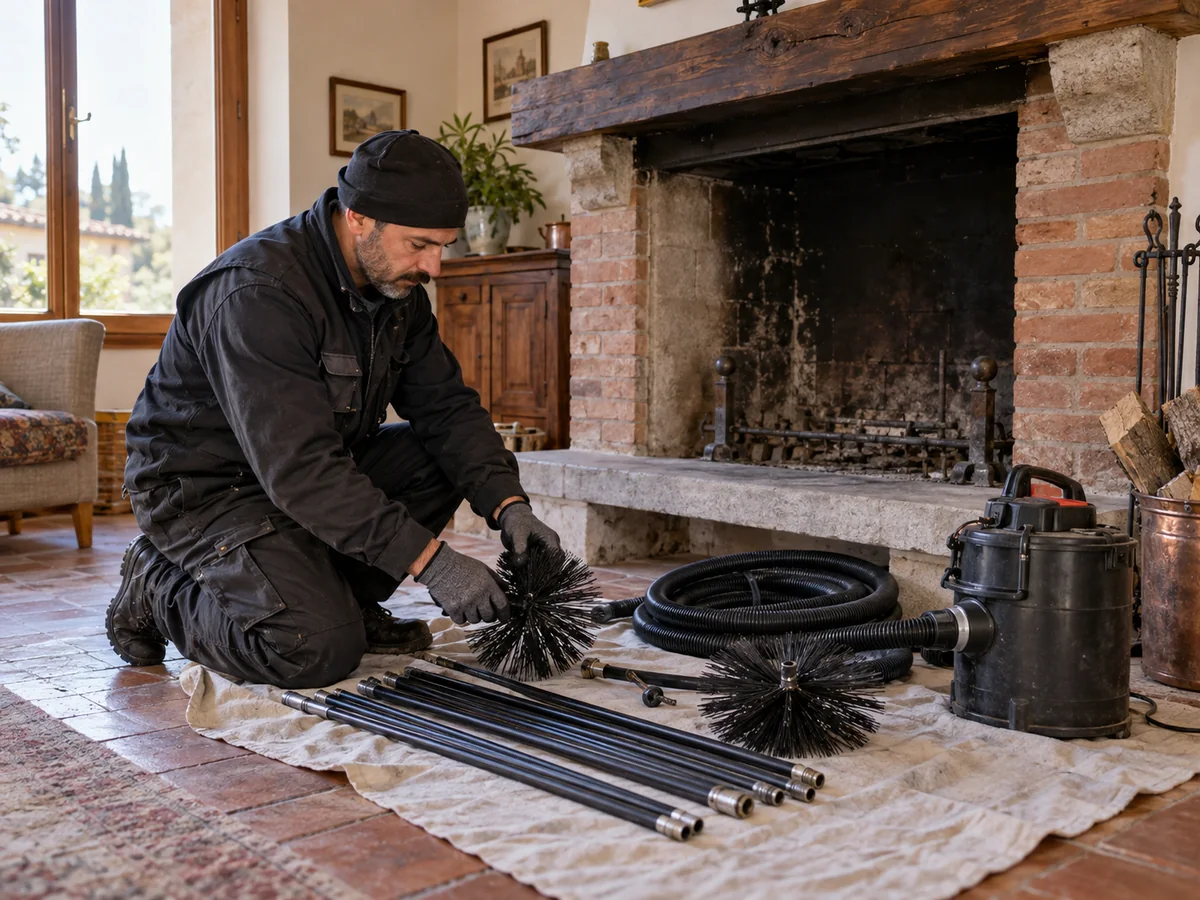 Spazzacamino con spazzole e strumenti professionali accanto a un camino spento in un soggiorno.