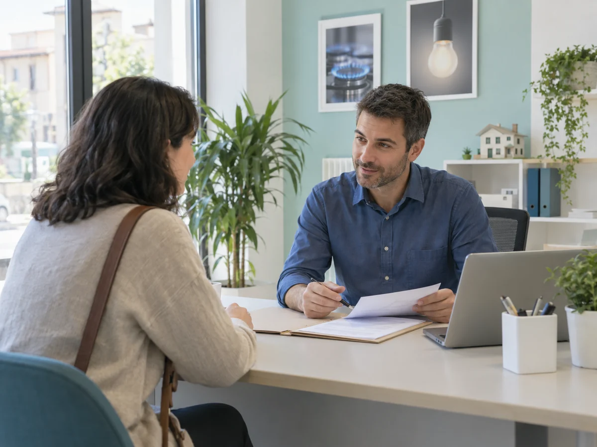 Consulente e cliente esaminano una richiesta al banco di uno sportello luce e gas
