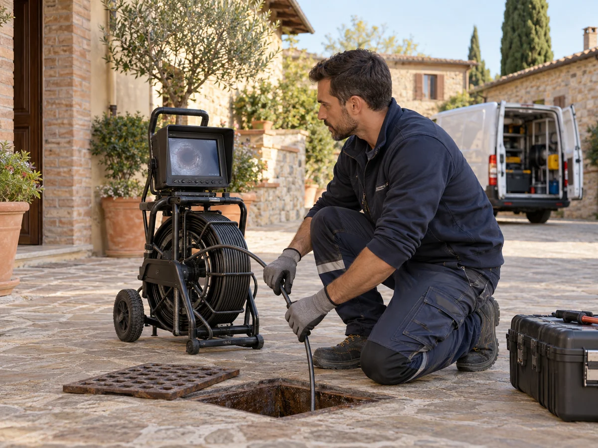 Tecnico con guanti e attrezzatura per videoispezione accanto a un pozzetto in un cortile.