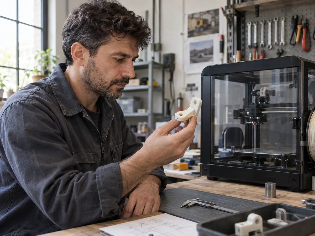 Tecnico esamina un piccolo prototipo accanto a una stampante 3D nel laboratorio