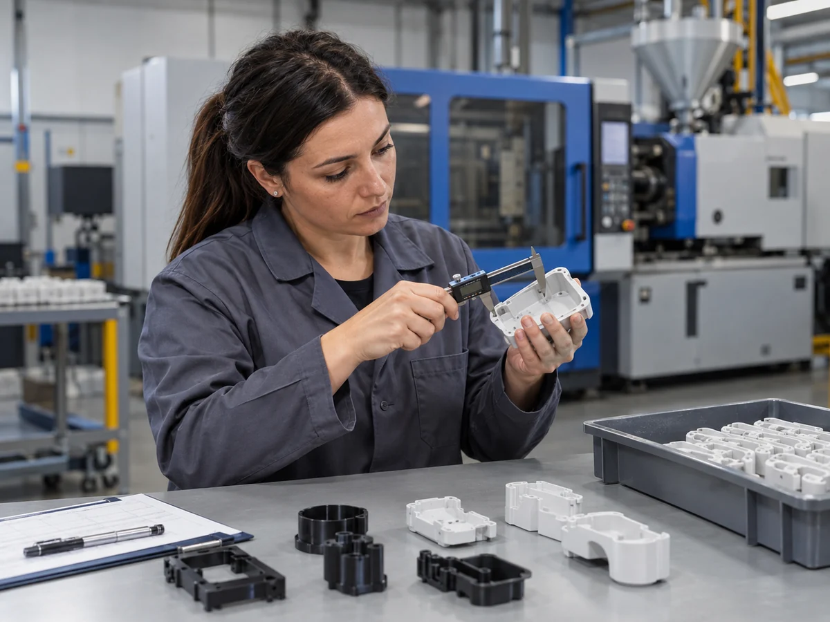 Una professionista del controllo qualità esamina componenti plastici stampati su un banco di ispezione con una macchina chiusa sullo sfondo