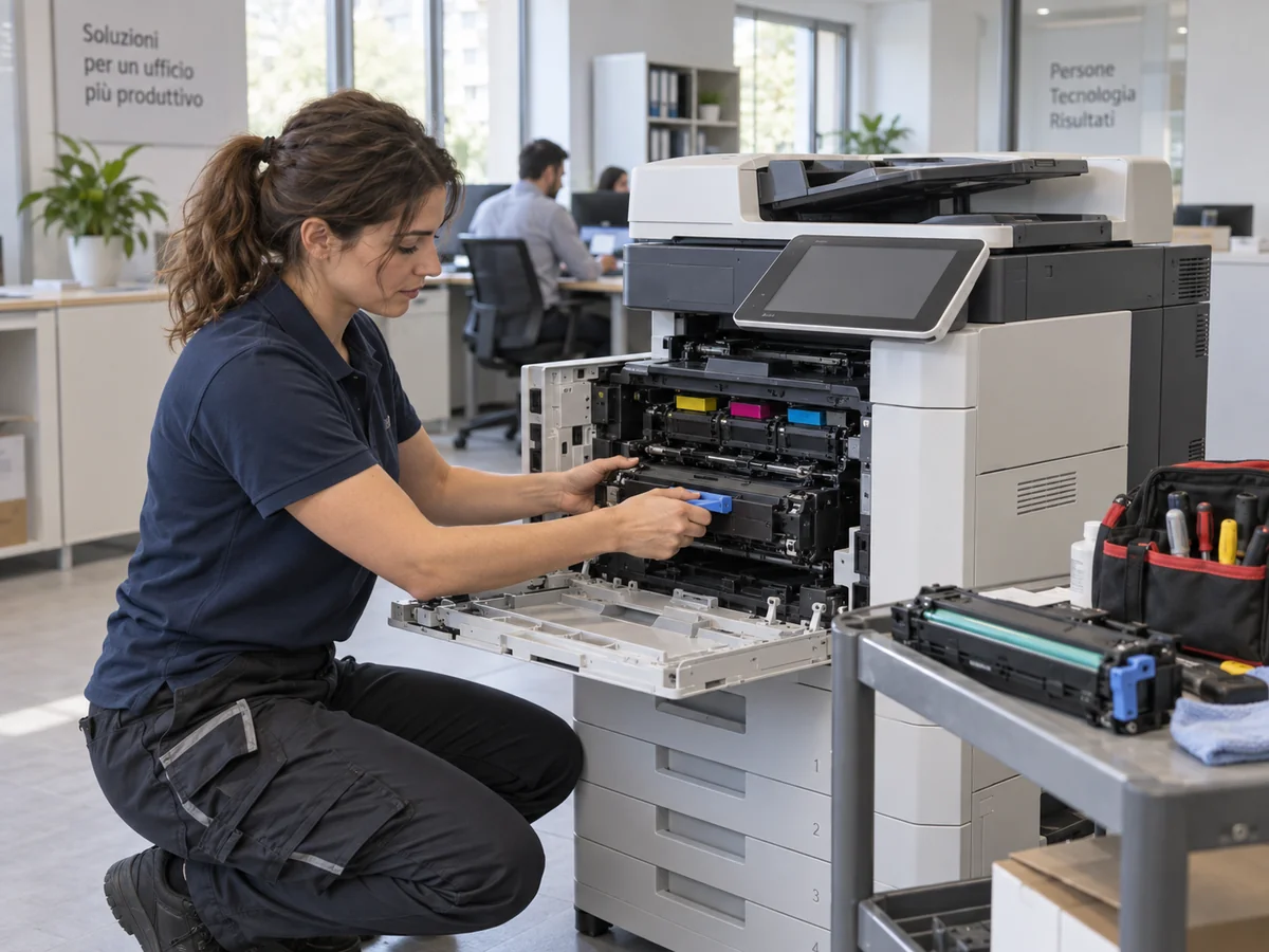 Intervento tecnico su una fotocopiatrice professionale con il pannello di manutenzione aperto