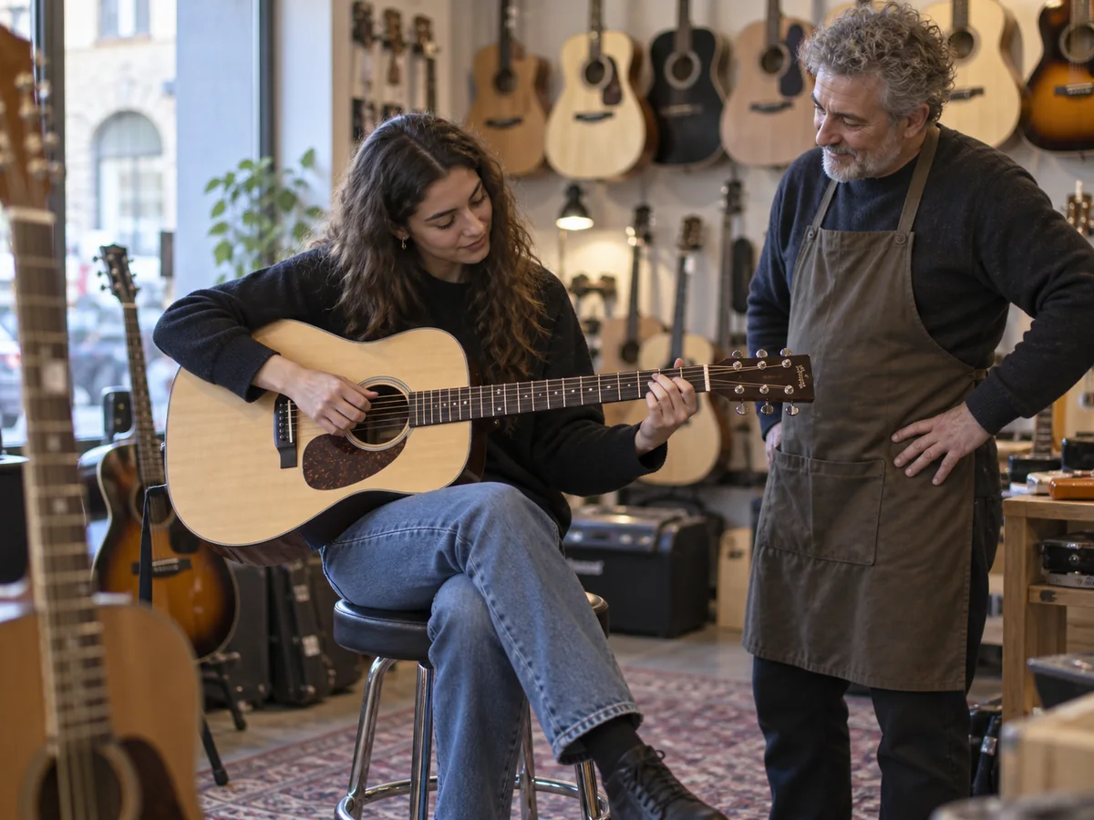 Cliente che prova una chitarra con l'assistenza del negoziante in un negozio di strumenti musicali.