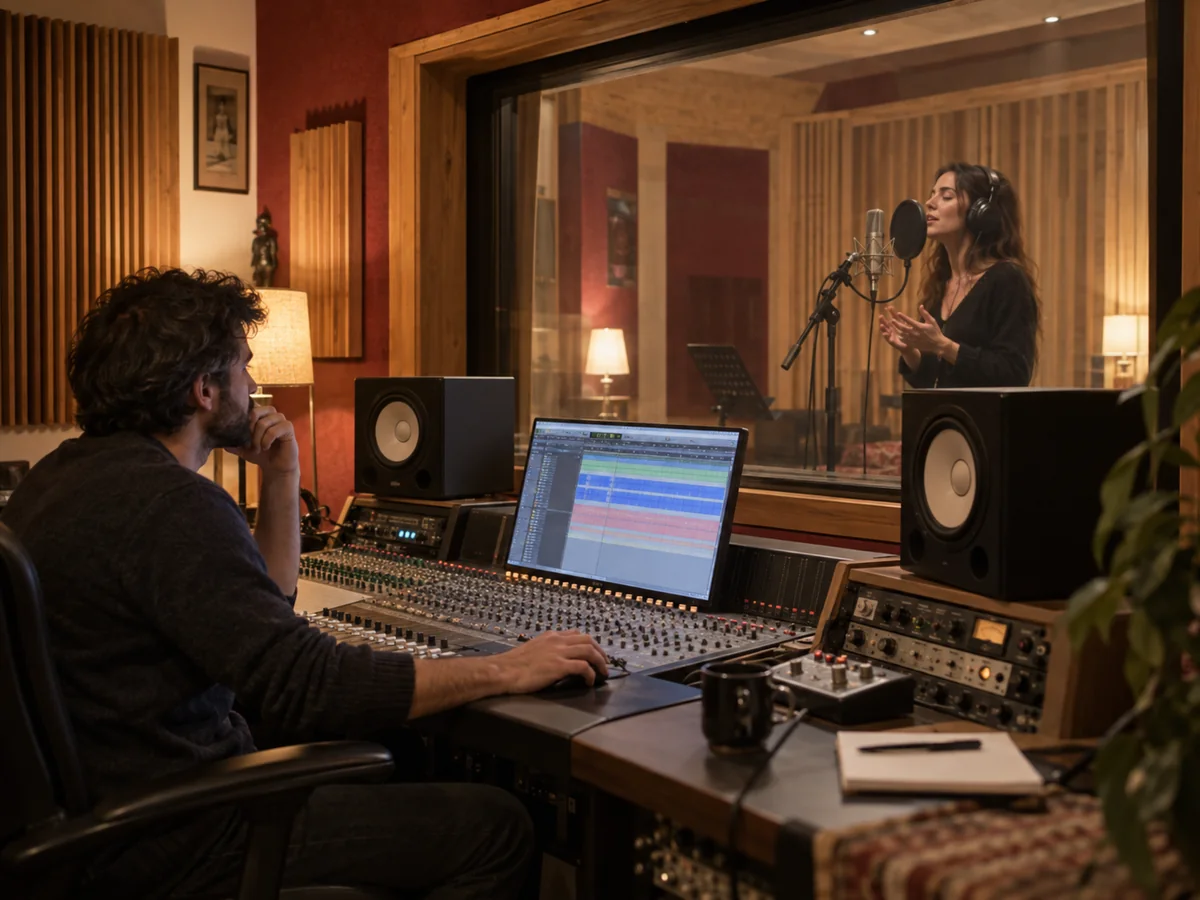 Tecnico del suono in regia segue una cantante al microfono oltre il vetro dello studio