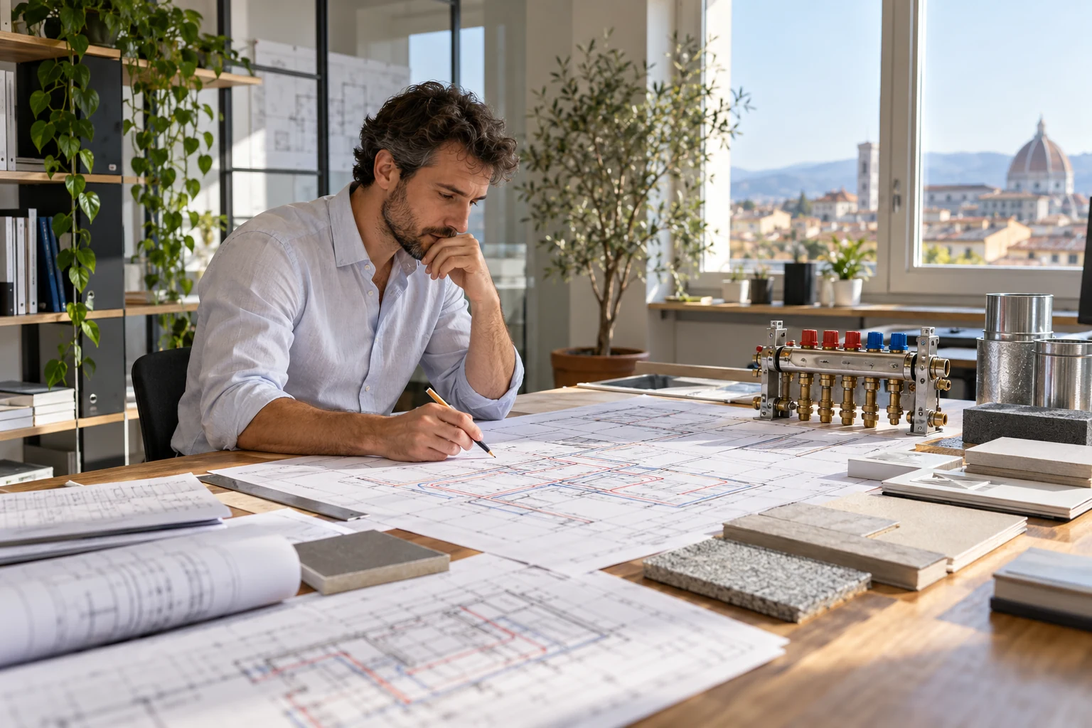 Un professionista termotecnico esamina planimetrie e schemi degli impianti sul tavolo dello studio.