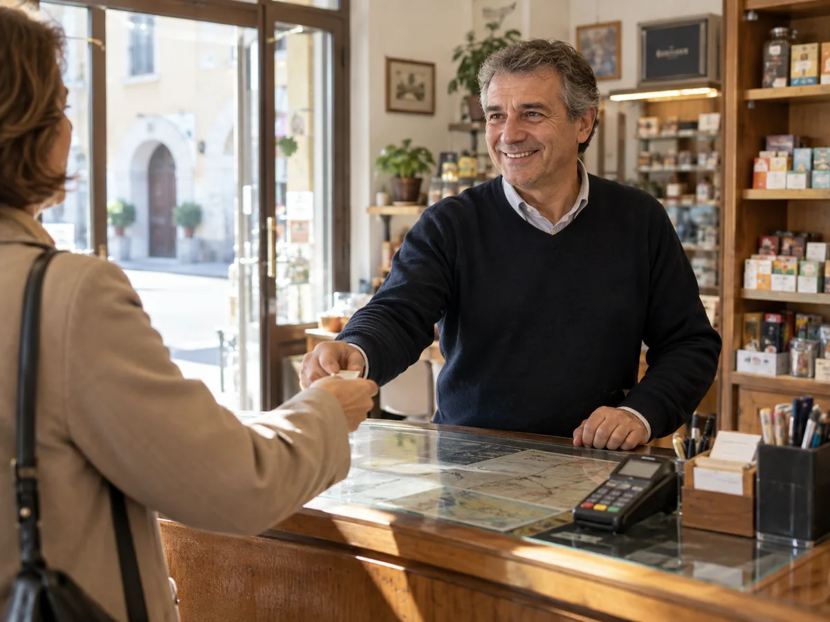 Titolare al banco di una tabaccheria luminosa.