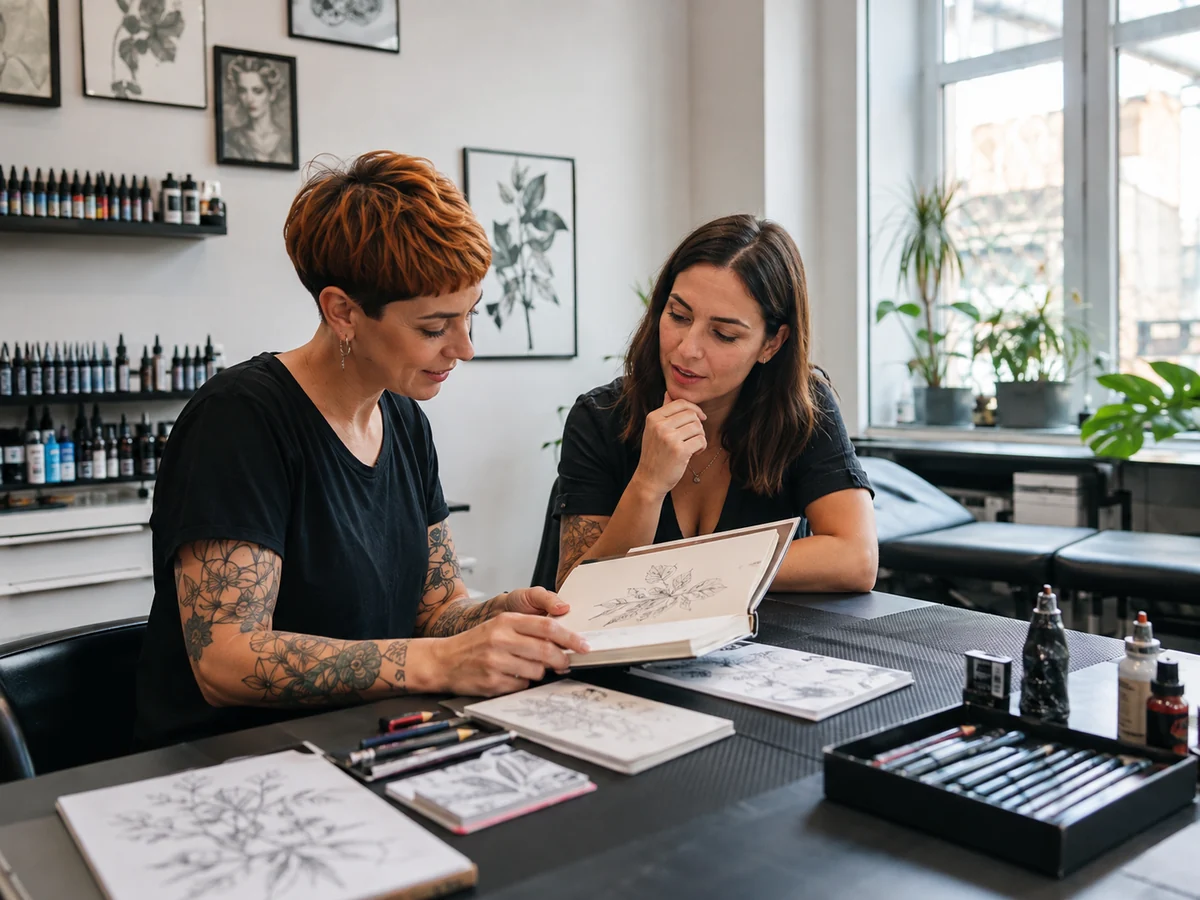 Tatuatrice e cliente adulta consultano un quaderno di disegni botanici in studio.